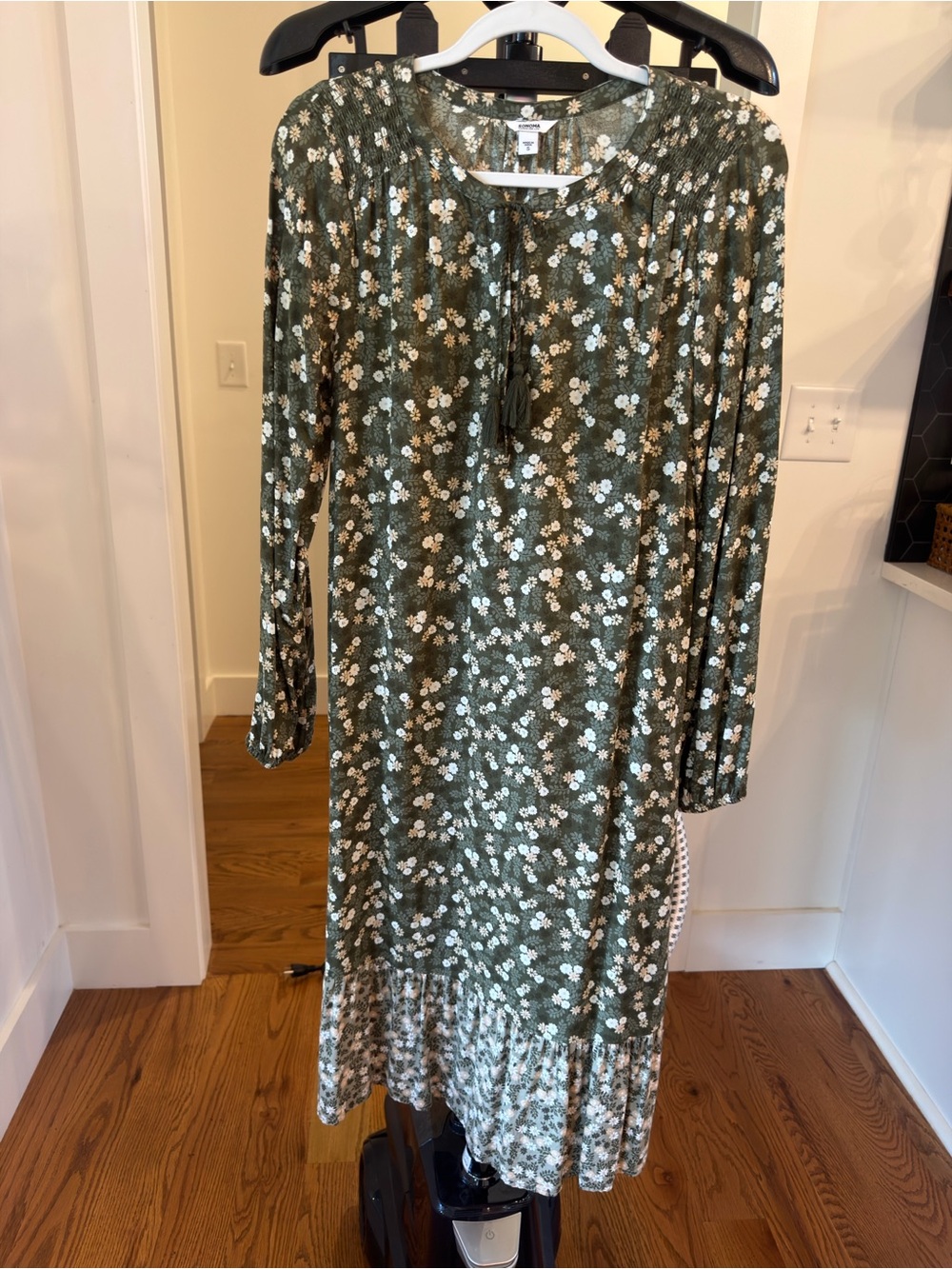 Sonoma Olive Green Floral Maxi Dress with White Blooms